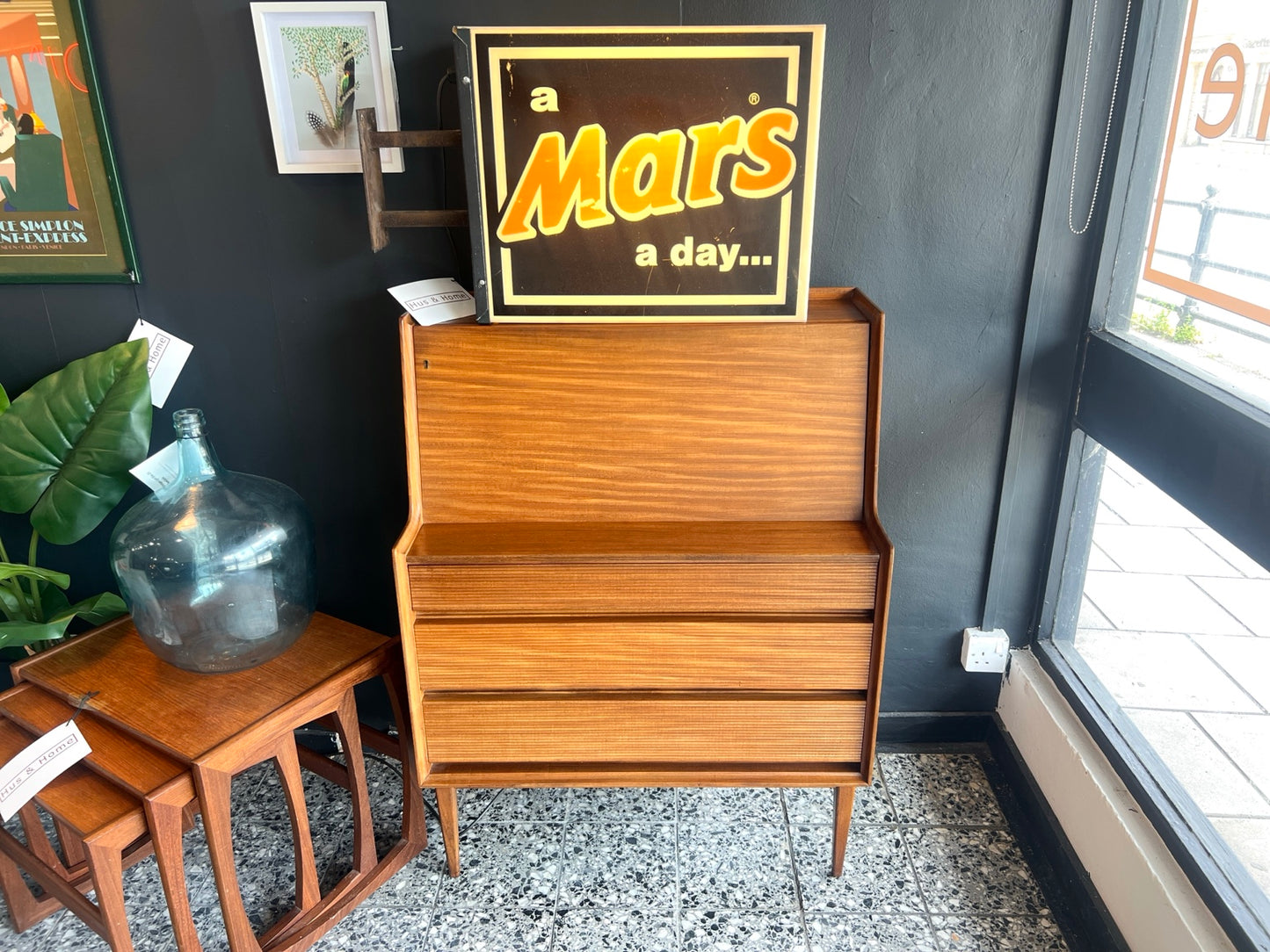 Richard Hornby teak bureau top and fall-front detail