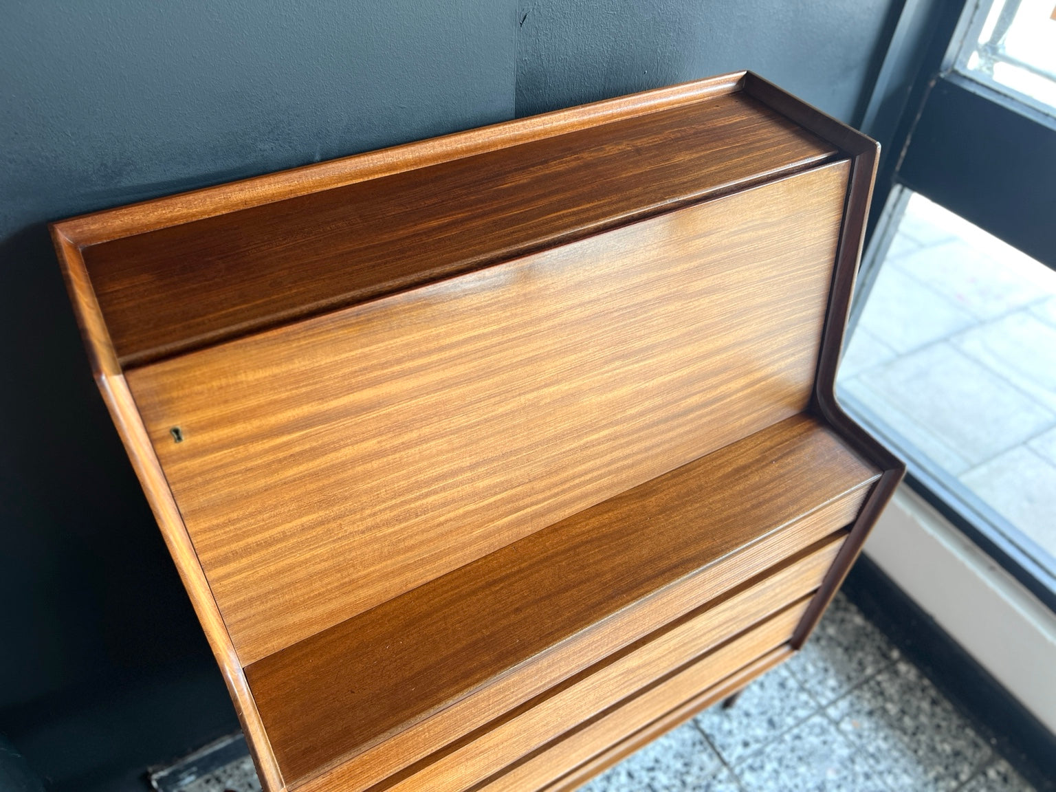 Richard Hornby teak bureau side scuff detail