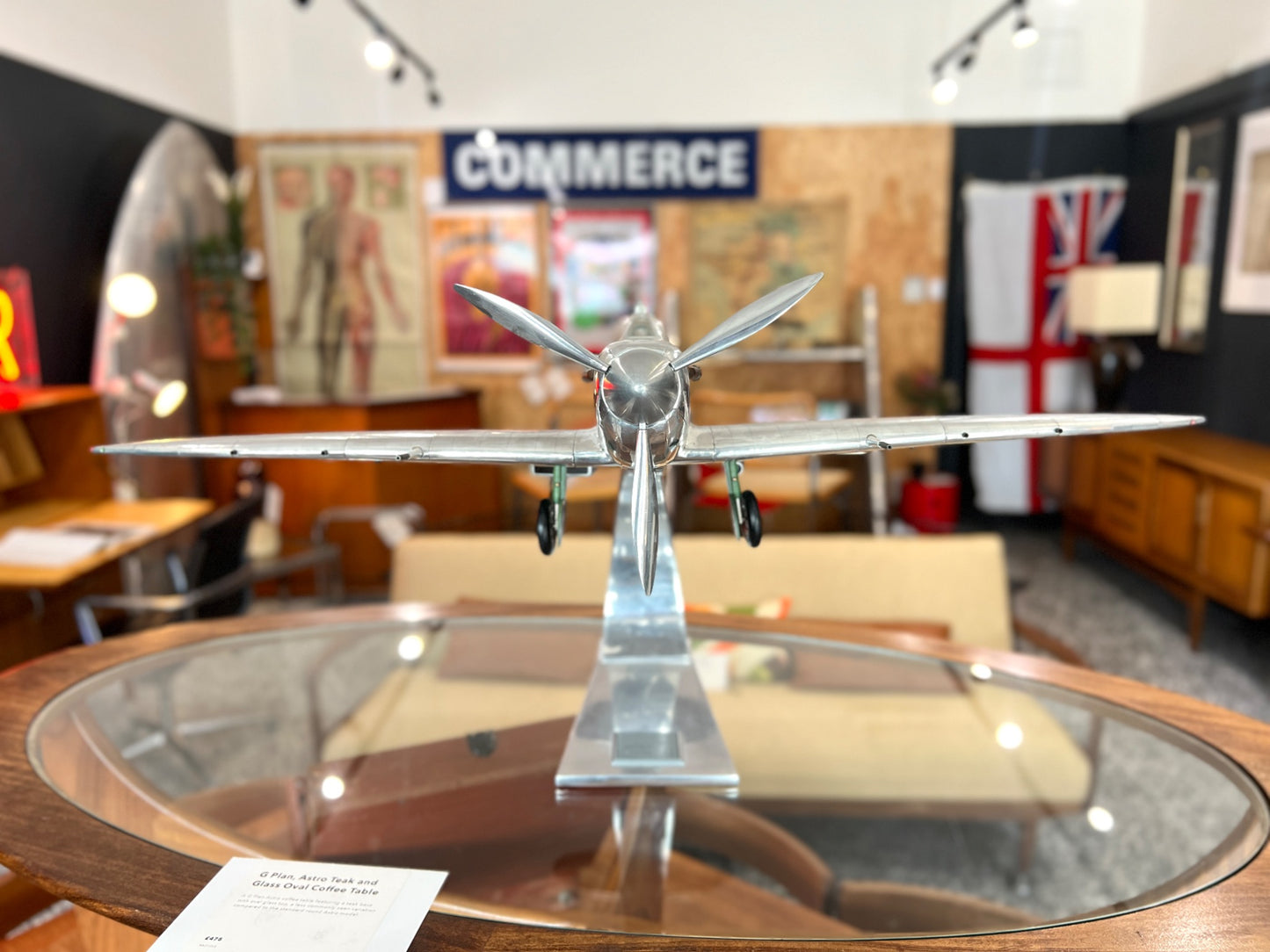 Handcrafted aluminium Spitfire aircraft model front view