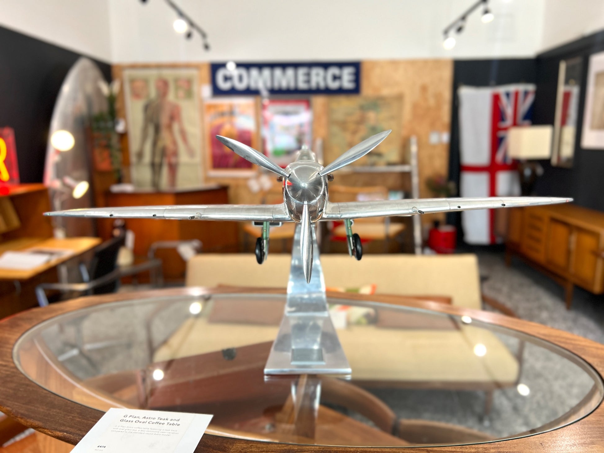 Handcrafted aluminium Spitfire aircraft model front view
