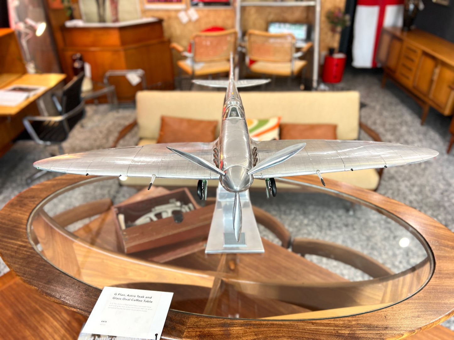 Handcrafted aluminium Spitfire aircraft model overhead front view