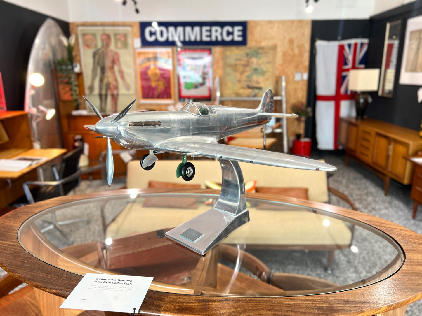 Handcrafted aluminium Spitfire aircraft model front side view