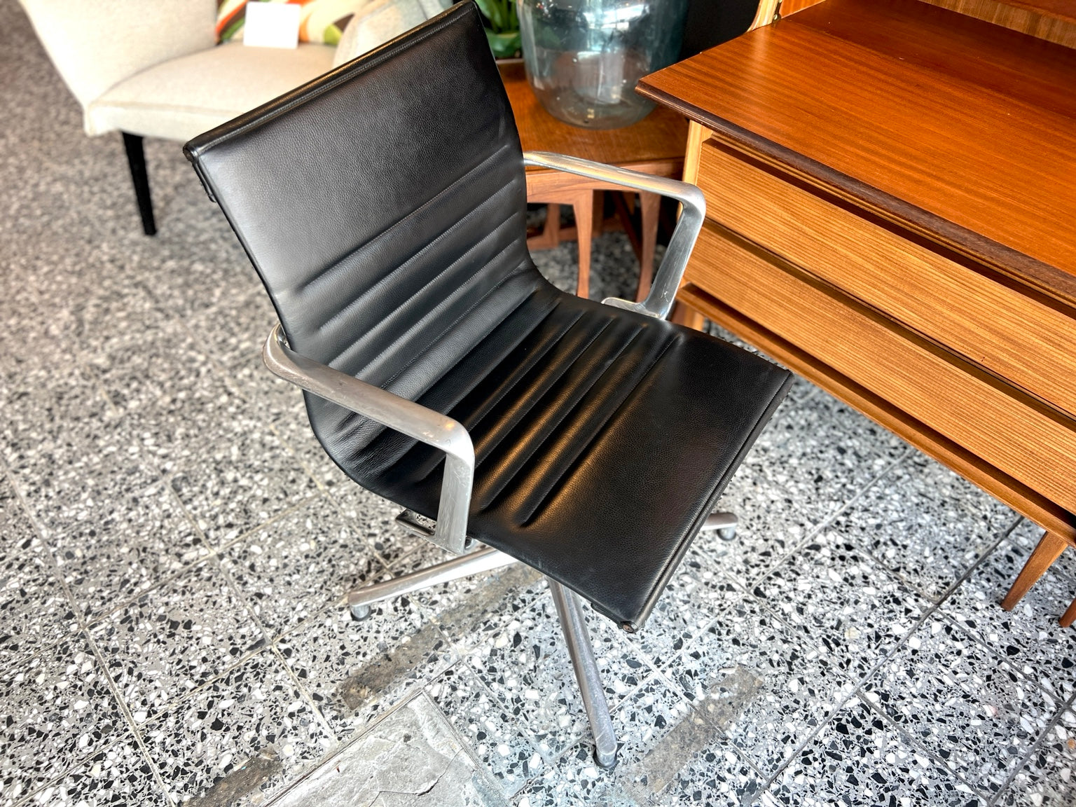 Eames EA108 swivel office chair black leather seat and aluminium frame