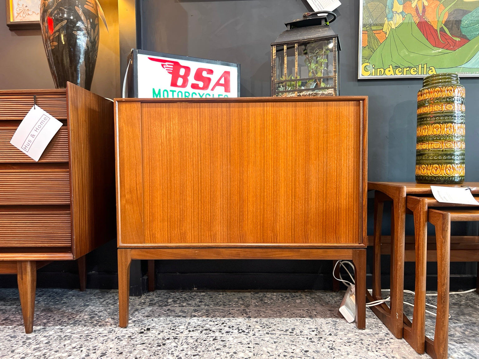 Danish teak tambour front record cabinet
