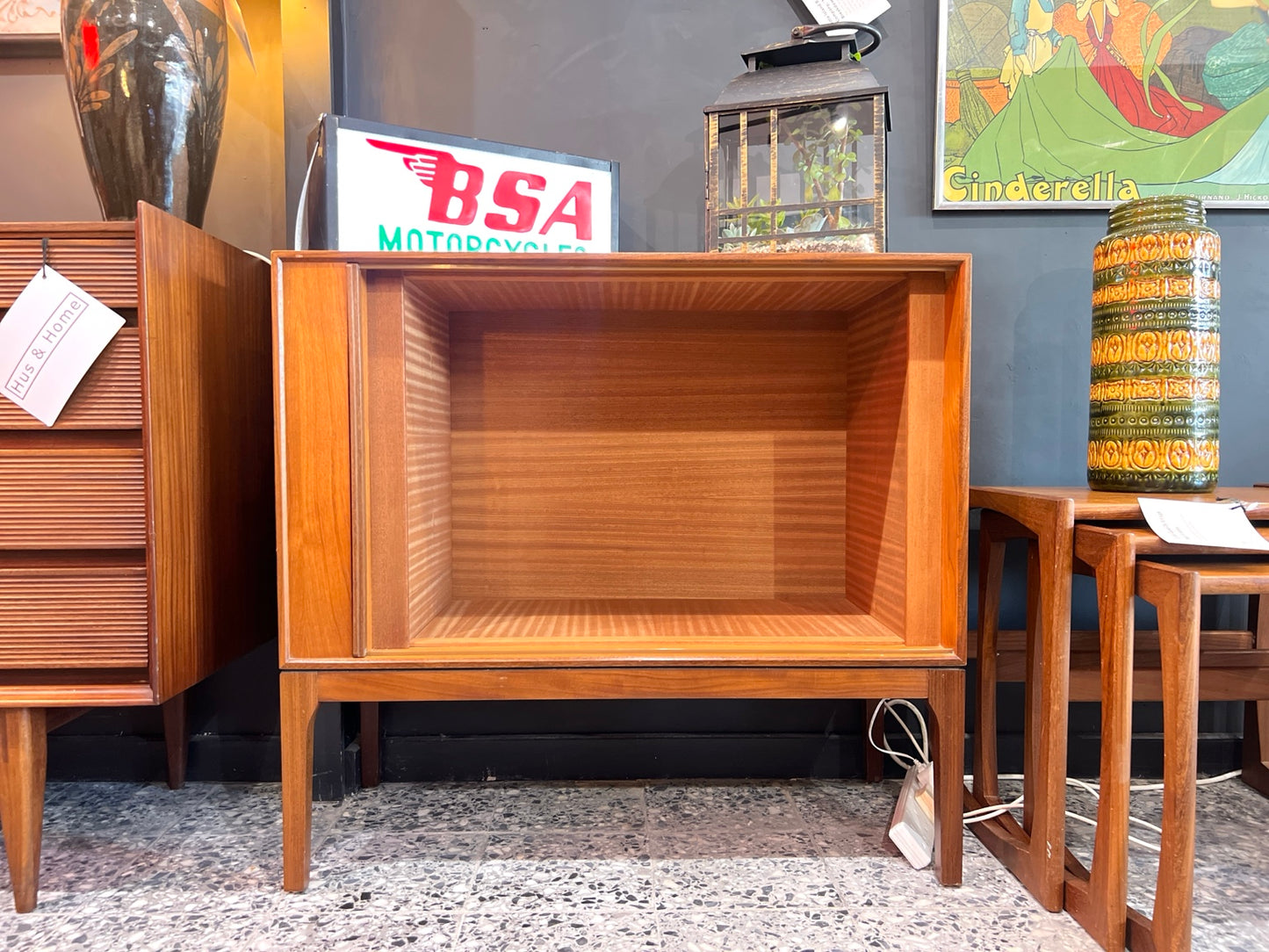 Danish teak tambour cabinet with door open