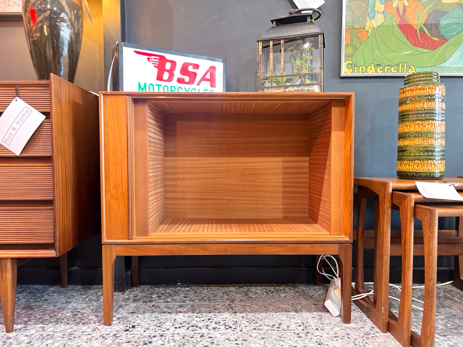Danish teak tambour cabinet with door open