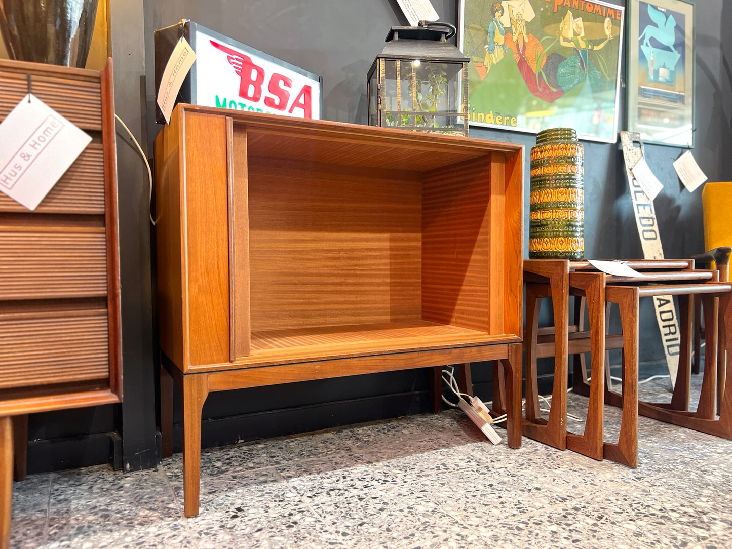 Danish teak tambour cabinet interior