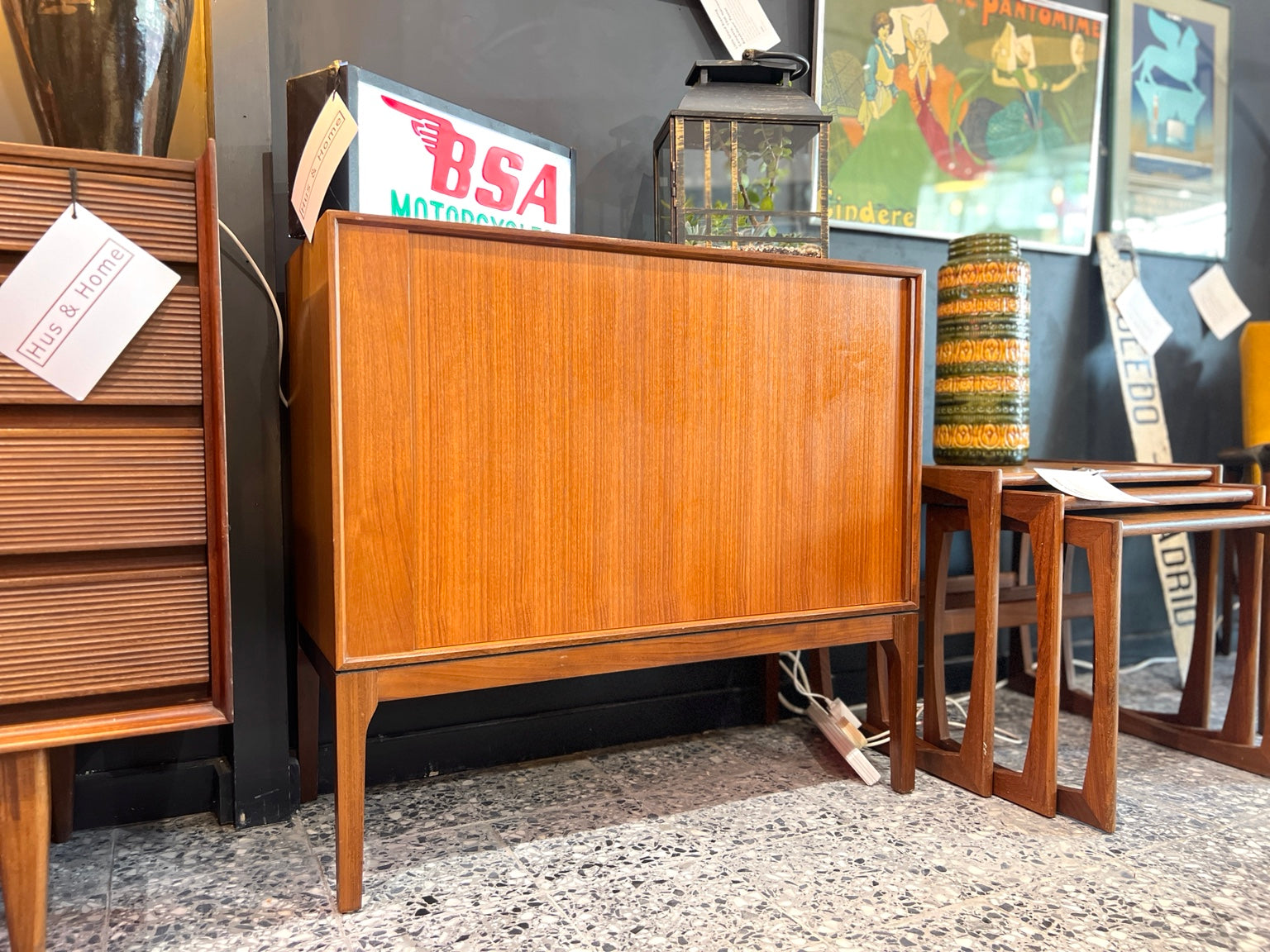 Danish teak tambour cabinet angled view