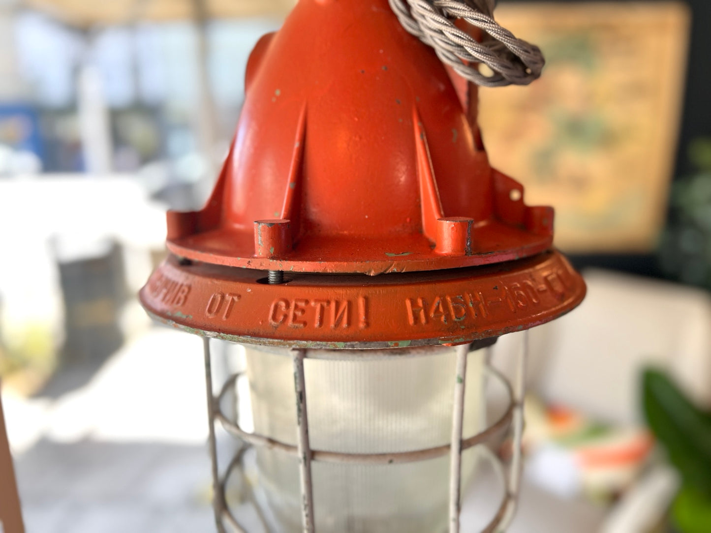 Vintage Russian industrial pendant light Russian cast lettering detail