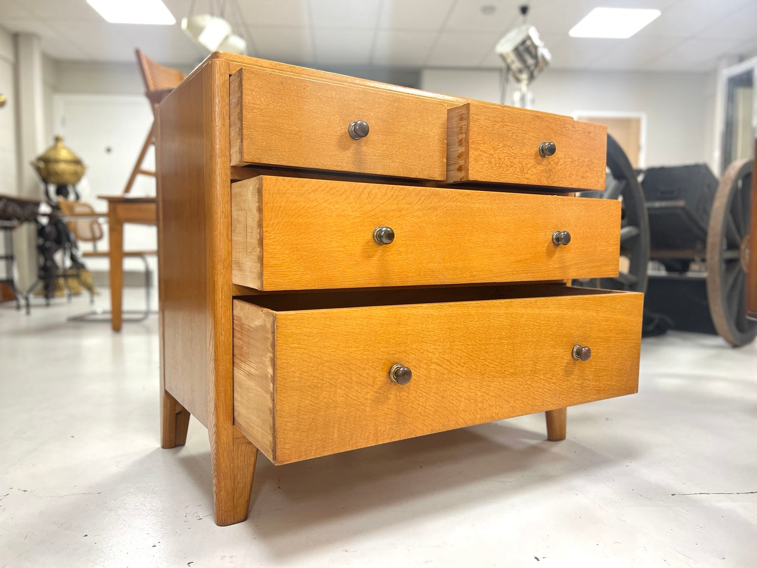 Lebetkin Products Ltd ex Air Ministry oak chest of drawers with drawers open