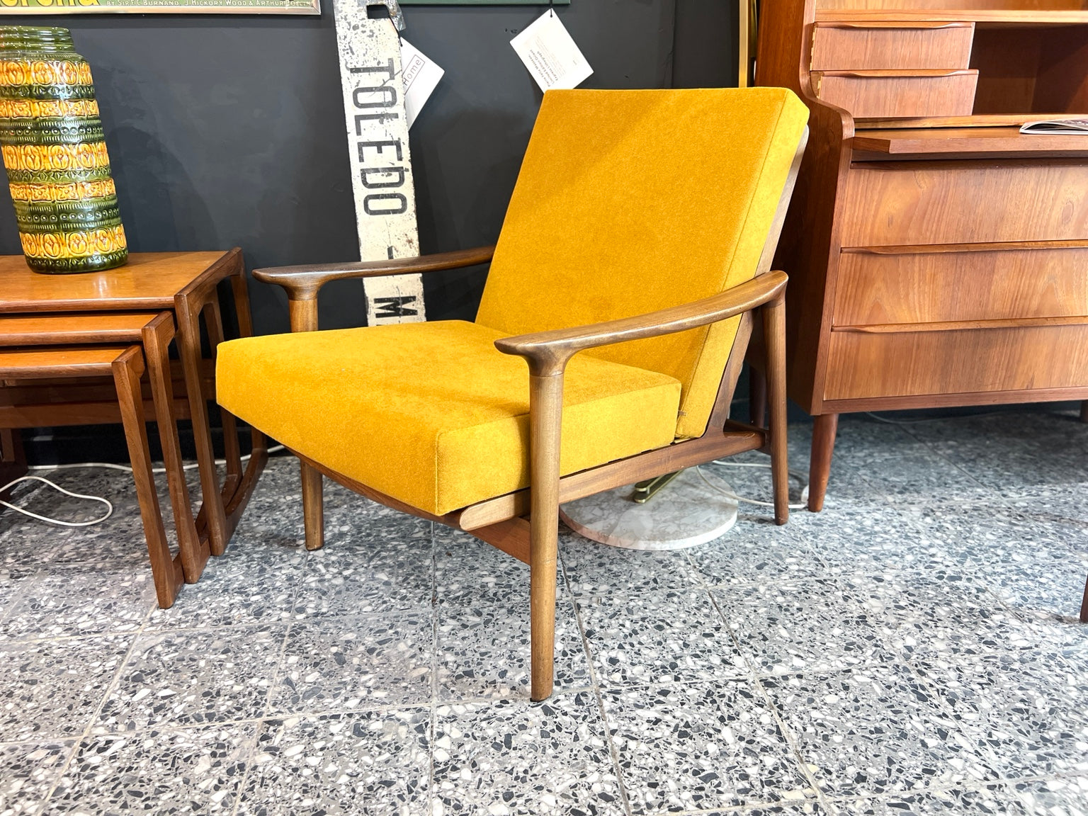 Guy Rogers Teak Armchair, Mustard Upholstery