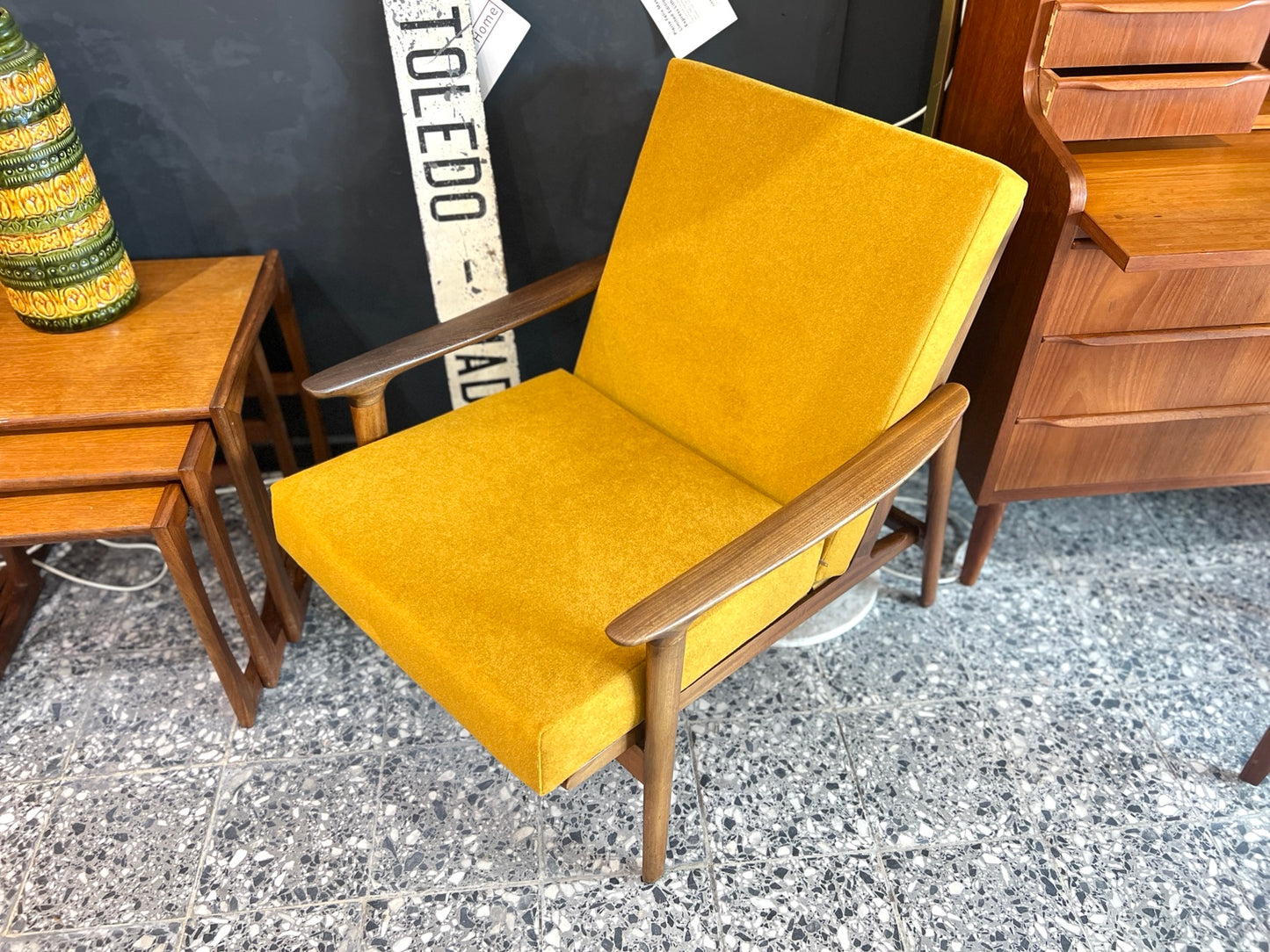 Guy Rogers Teak Armchair, Mustard Upholstery