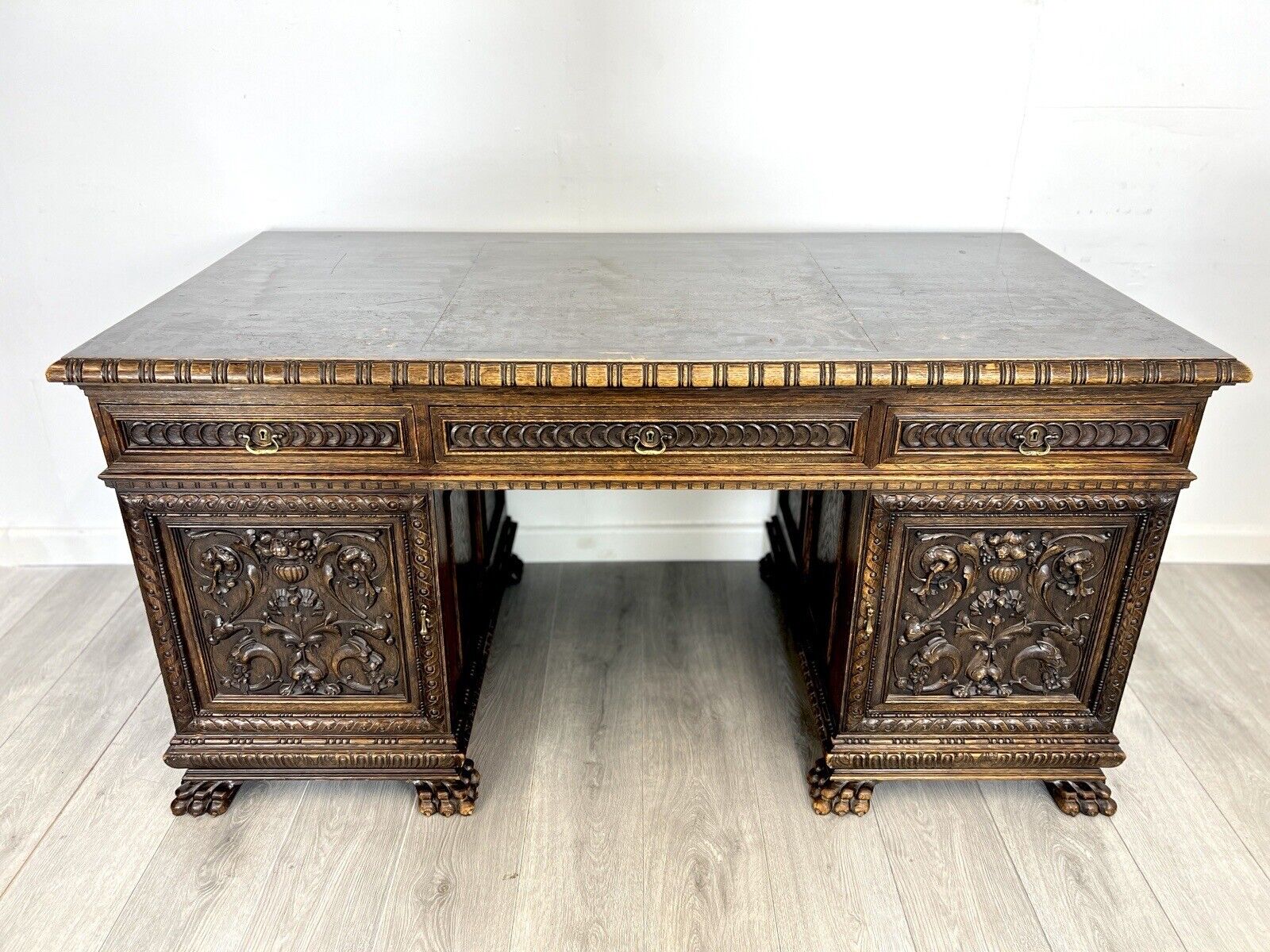 19th Century, Carved Oak Double Pedestal Desk