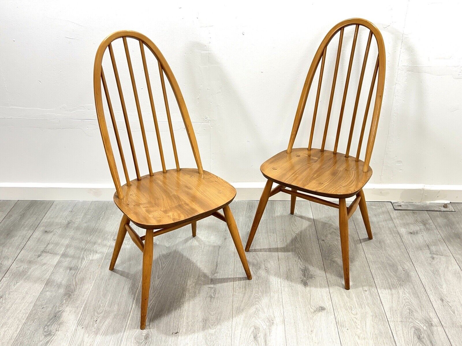 Ercol Quaker 365, Set Of 2 Mid Century Blue Label Dining Chairs.