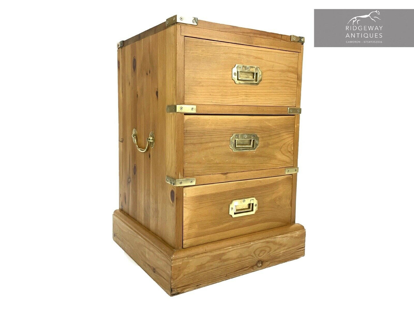Campaign / Military Style, Brass Bound Pine Bedside Table / Drawers