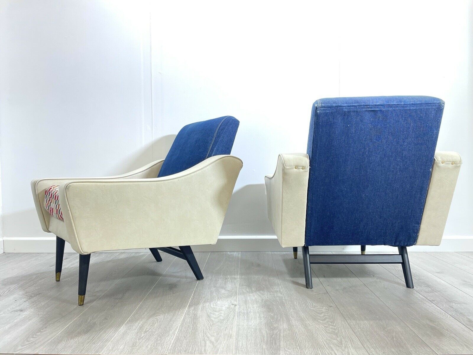 Pair of Retro, White Leather and Denim Lounge Chairs