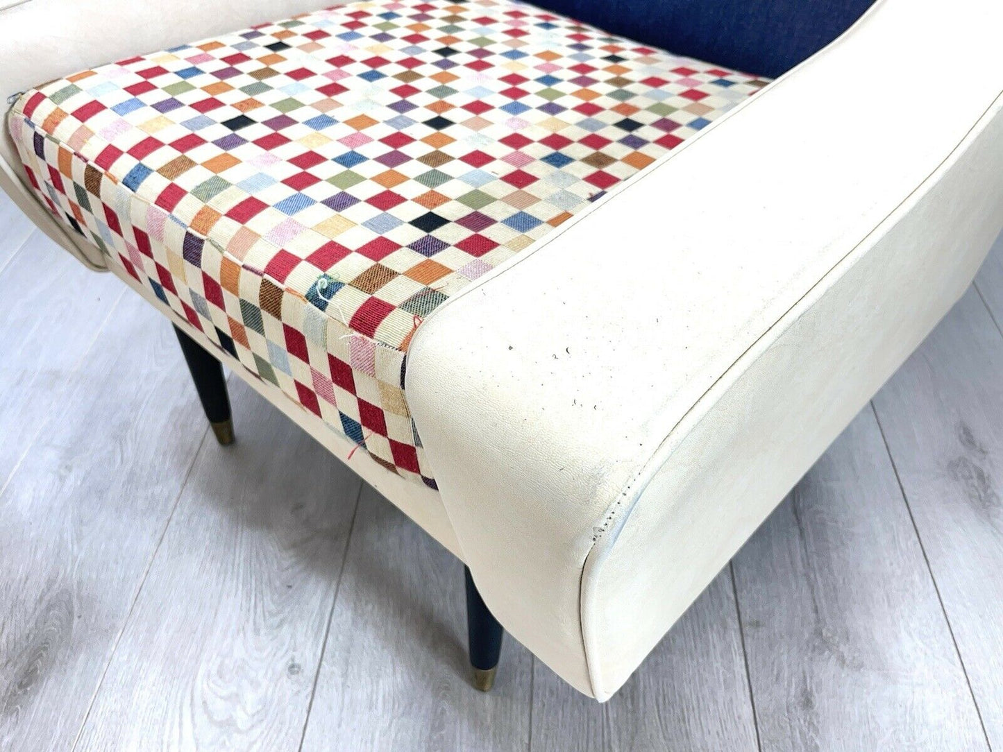 Pair of Retro, White Leather and Denim Lounge Chairs