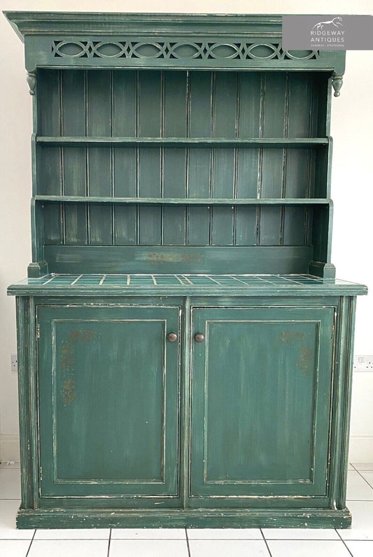 Vintage, Rustic Handmade Green Painted Dresser With Tiled Top