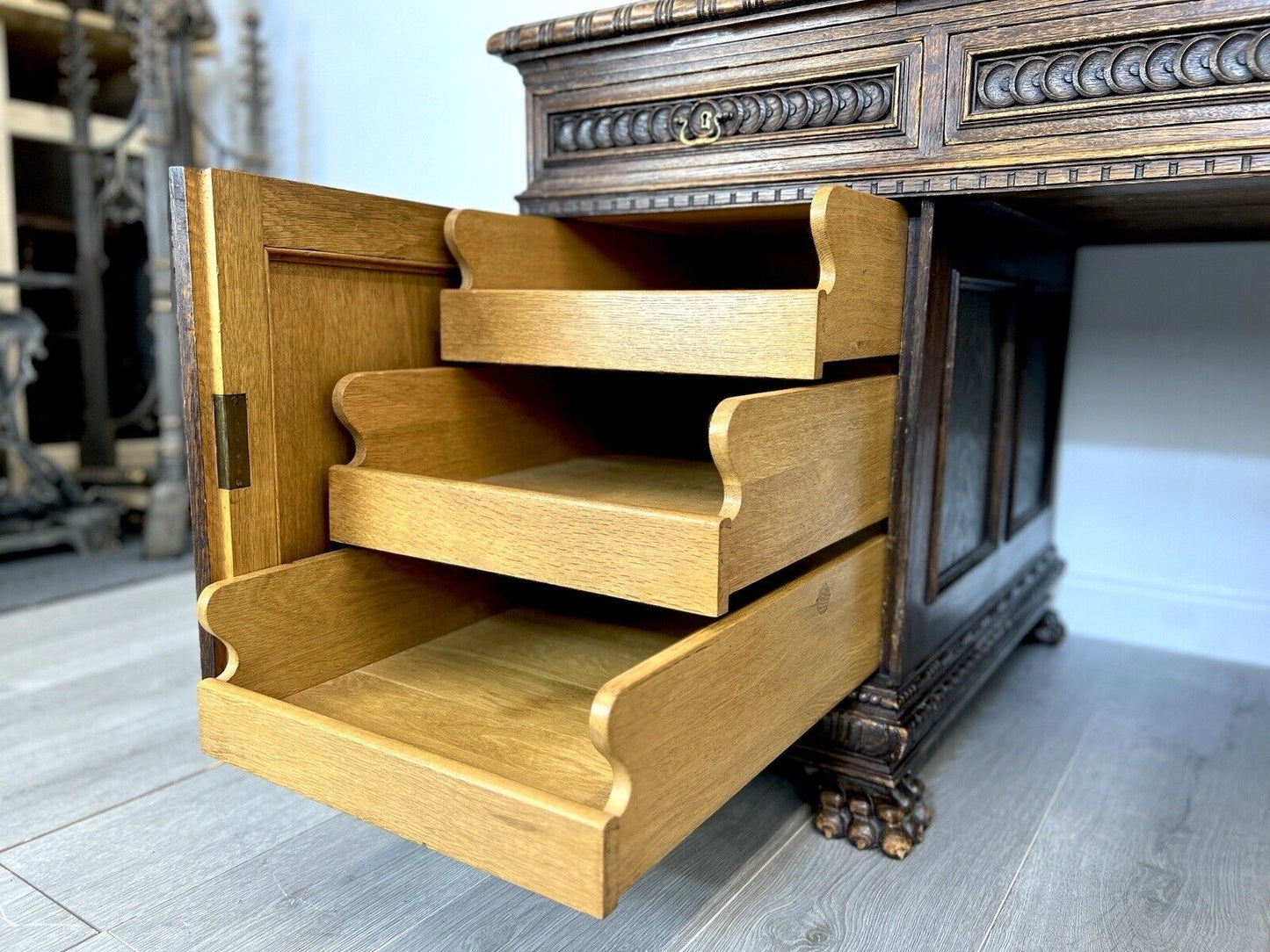 19th Century, Carved Oak Double Pedestal Desk