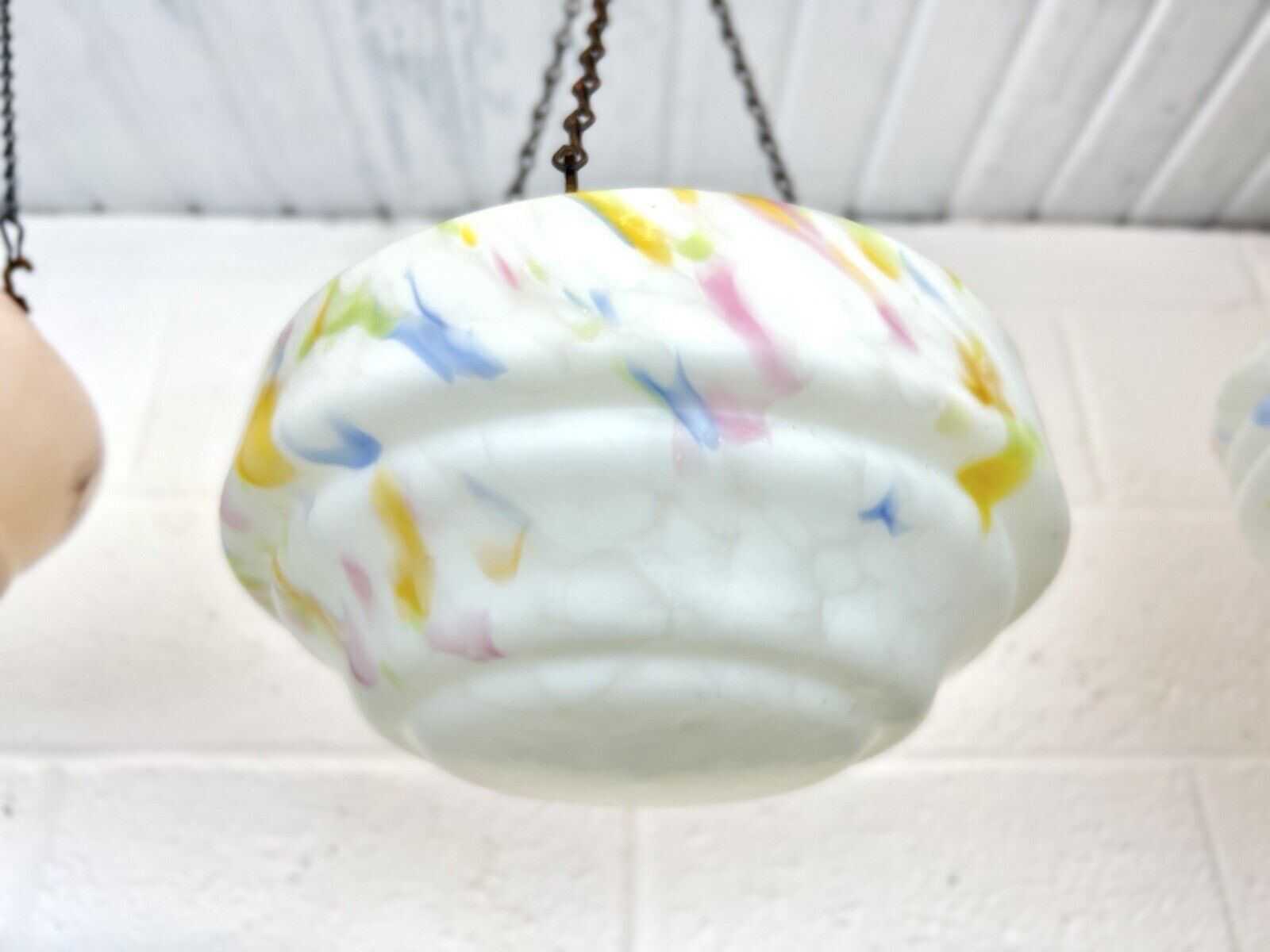 Art Deco, Multi-Coloured Glass Ceiling Light Shade / Bowl & Chain