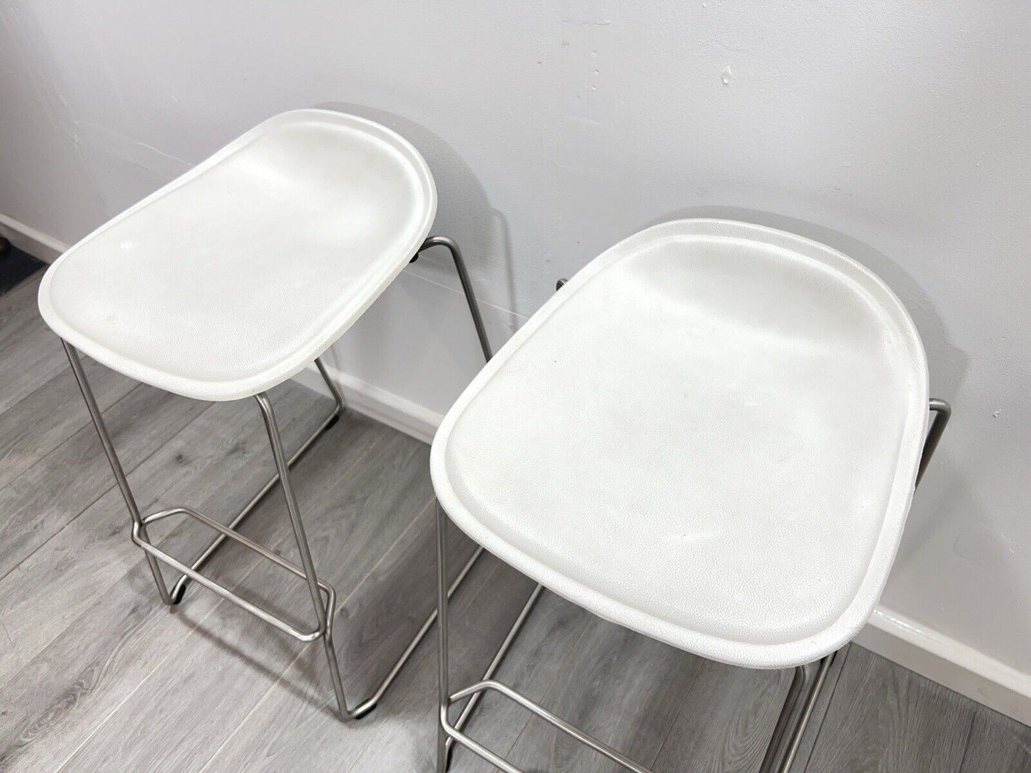 Pair of Modern White Leather Stools on a Stainless Steel Base