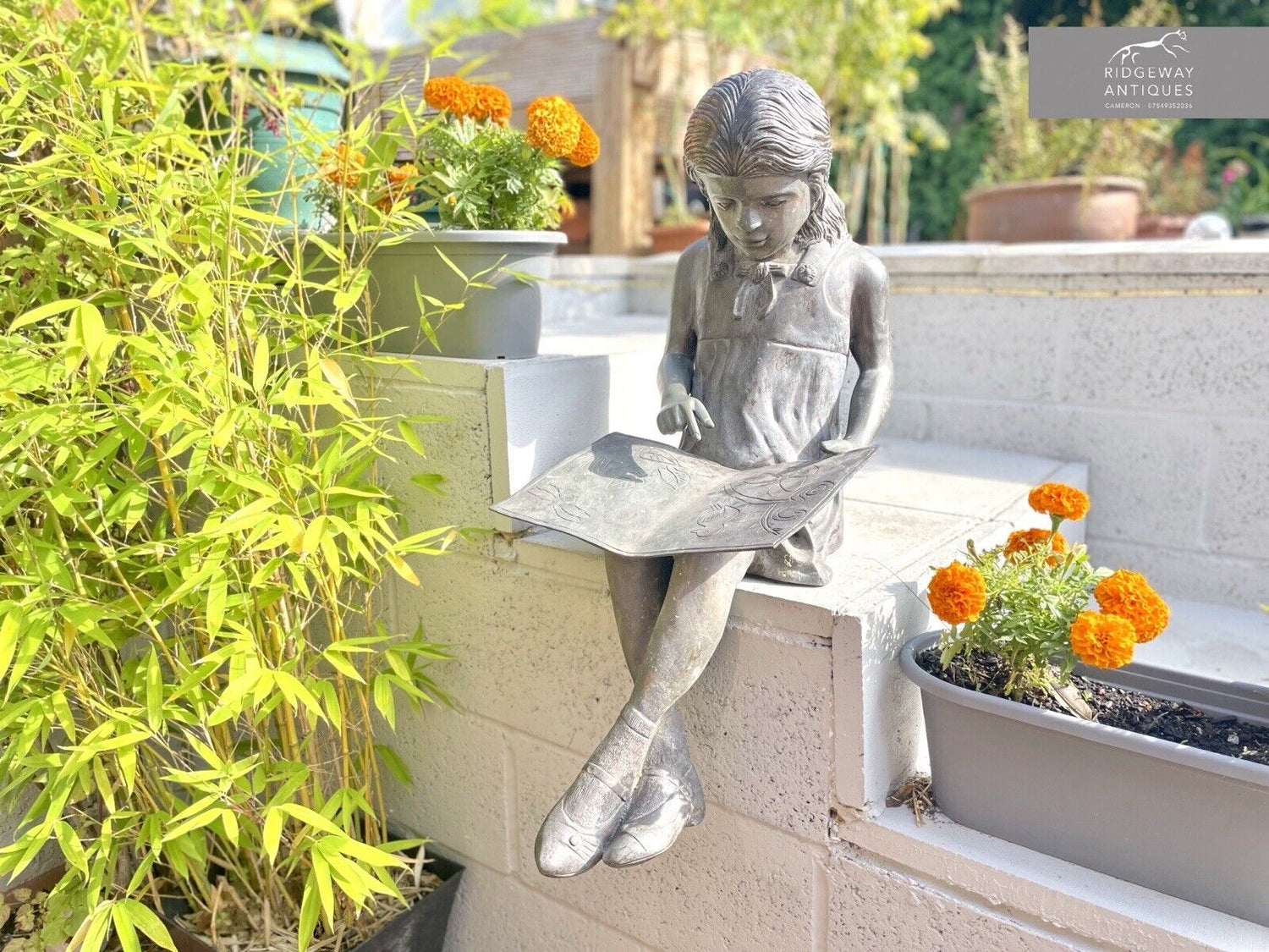 Bronzed Garden Statue of a Young Girl, Sitting Reading a Book