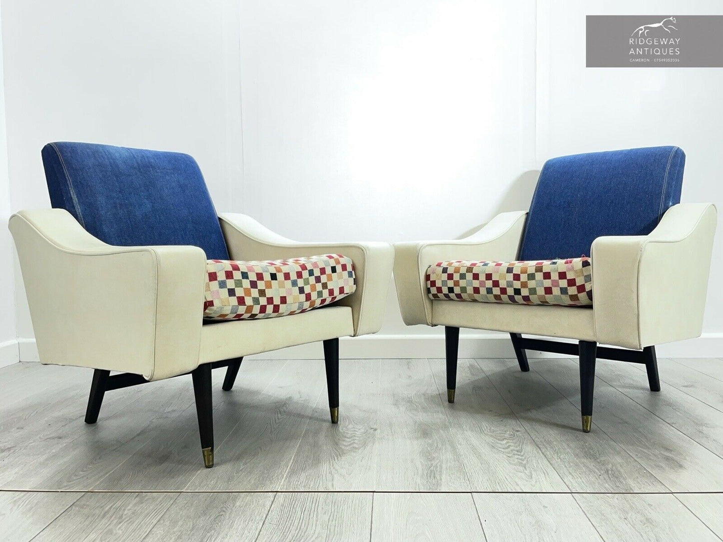 Pair of Retro, White Leather and Denim Lounge Chairs