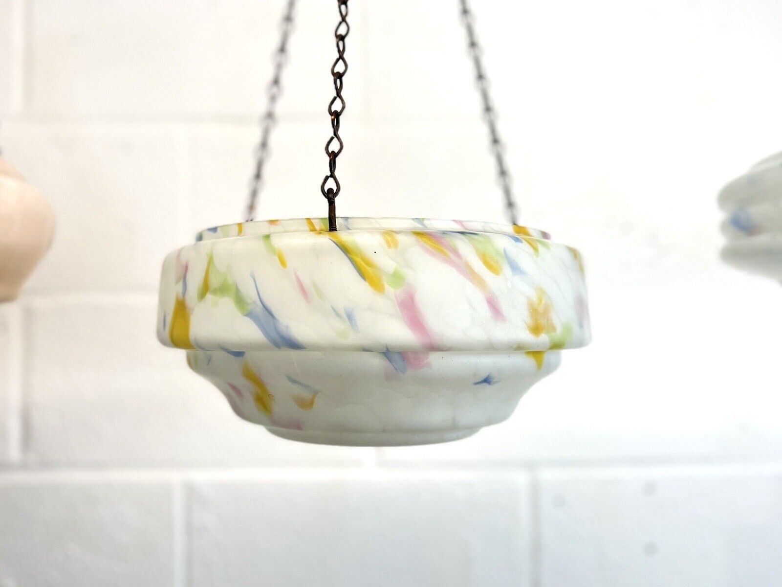 Art Deco, Multi-Coloured Glass Ceiling Light Shade / Bowl & Chain