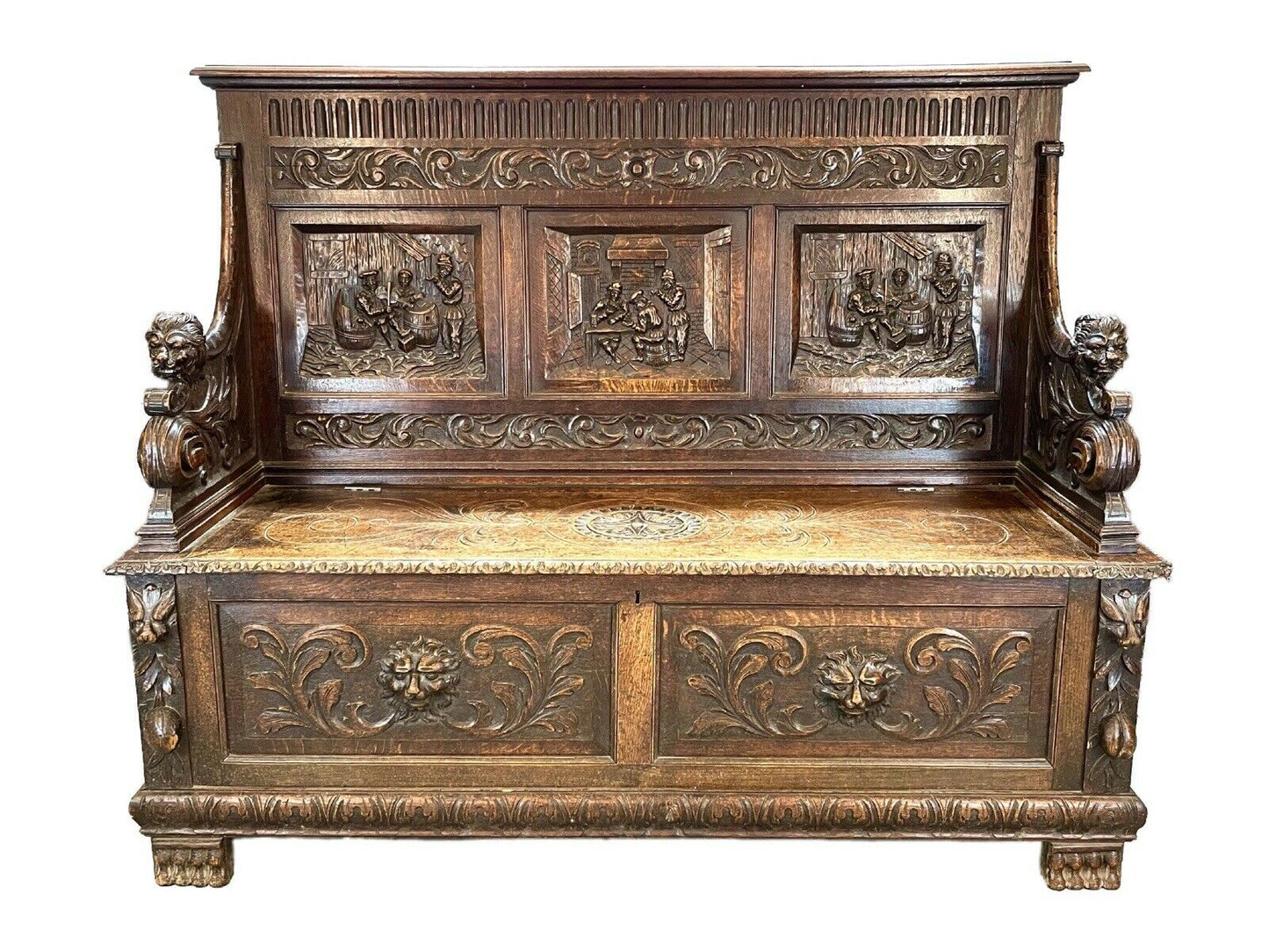 A Carved, 19th Century, Flemish Style, Oak Bench / Settle