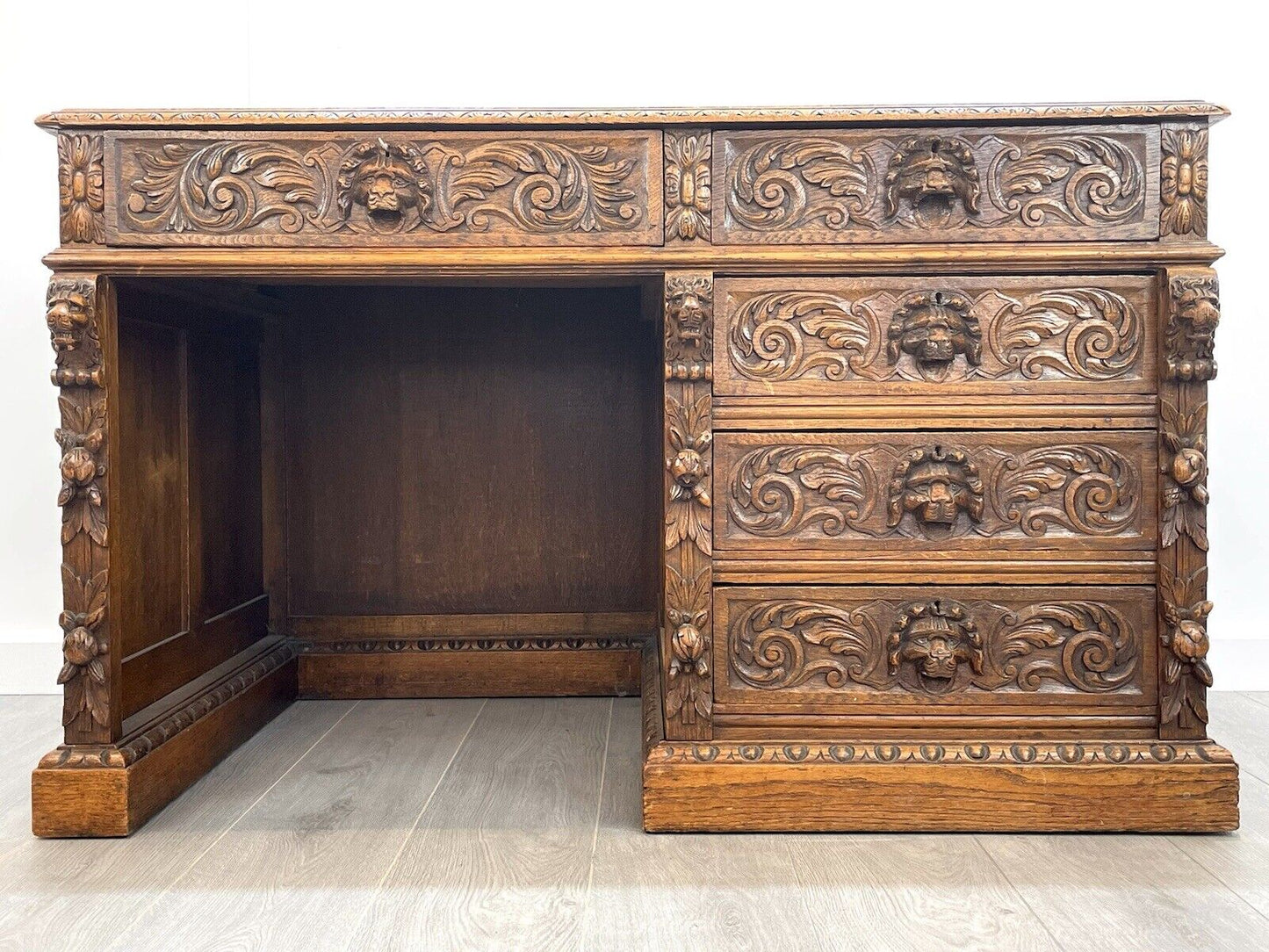 19th Century, Carved Oak, Flemish Style Lion Mask Pedestal Desk