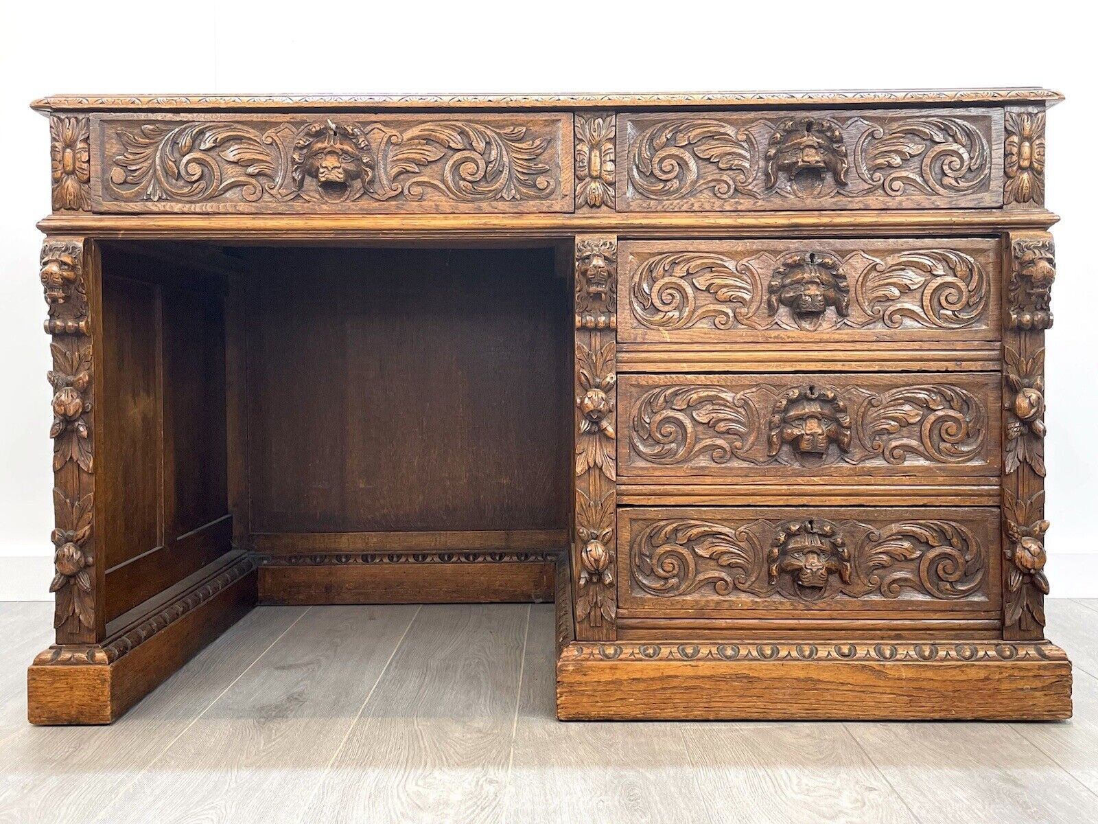 19th Century, Carved Oak, Flemish Style Lion Mask Pedestal Desk