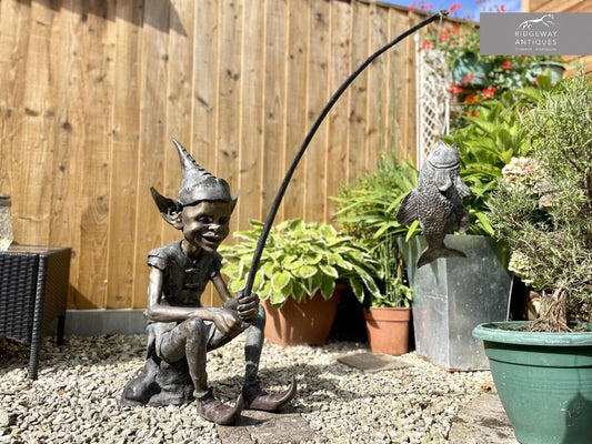 Bronzed Garden Statue of a Fishing Pixie / Elf