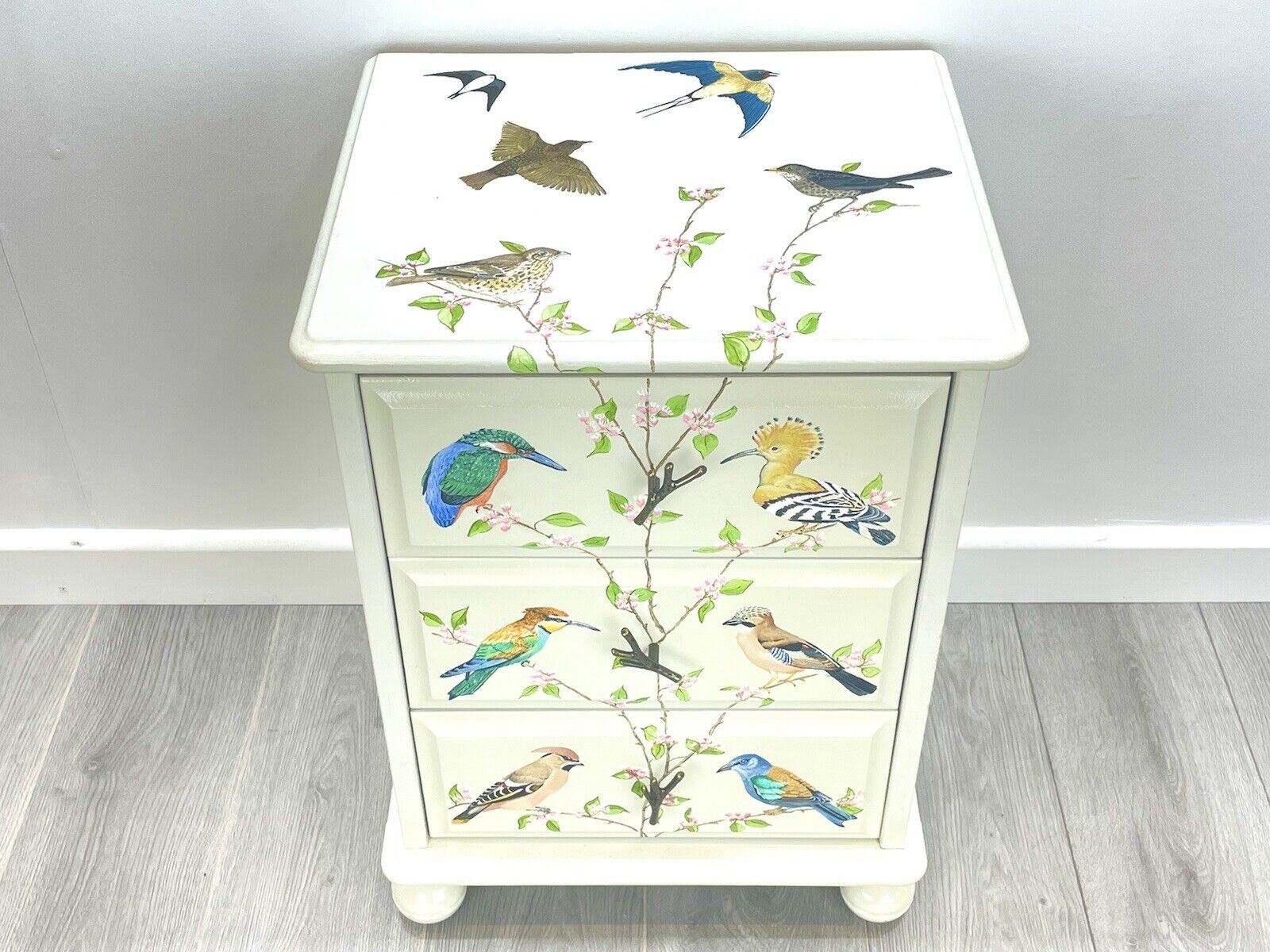 A Hand Painter Bedside Chest of Drawers with British Birds, By Aileen Carash