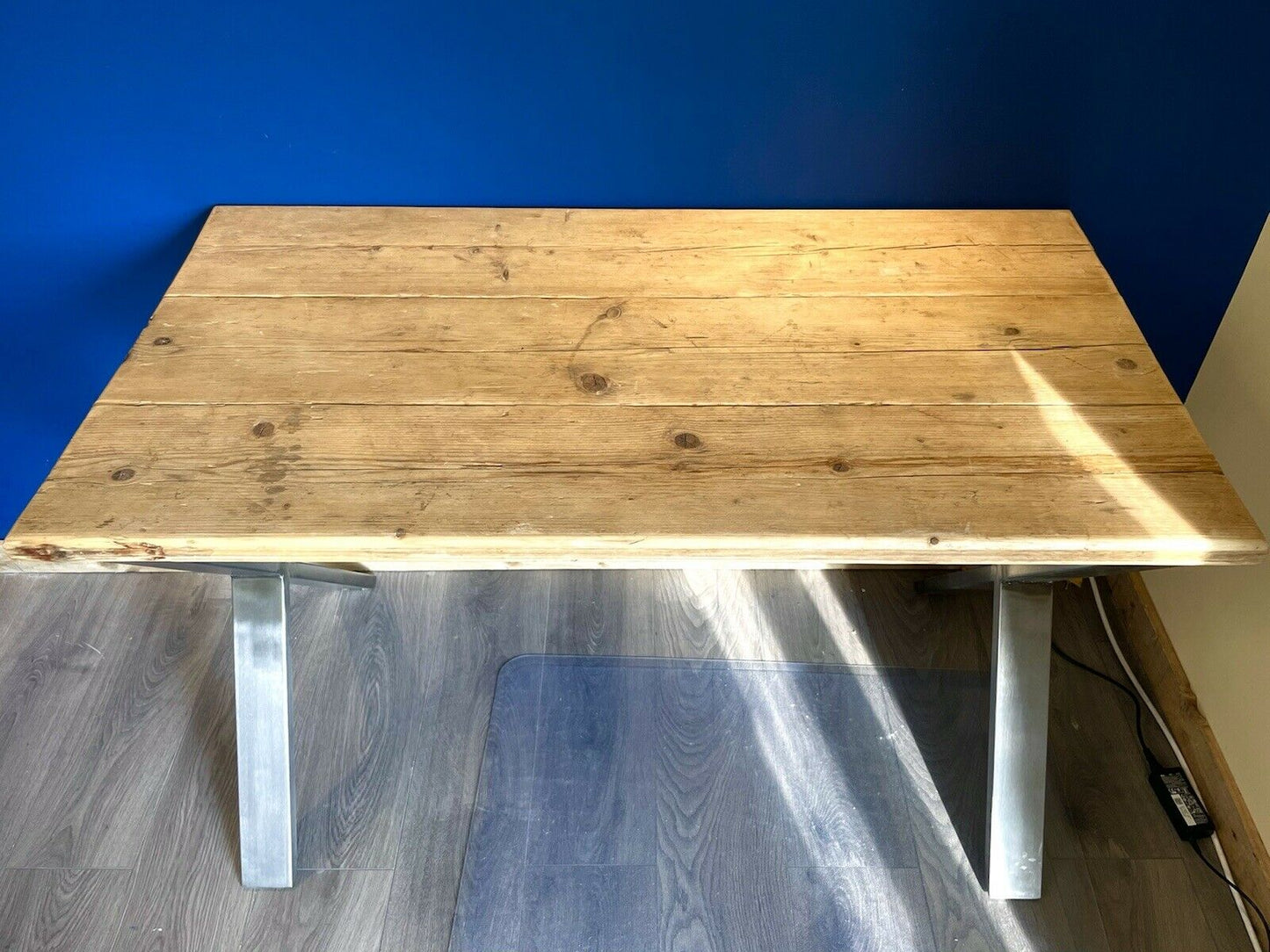 Rustic / Industrial, Handmade Plank Top Desk Upon Stainless Steel X Frame Legs