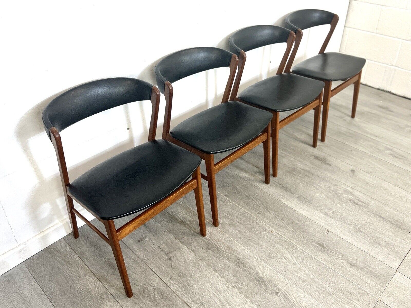 Sax, Set of 4 Mid Century Teak and Leatherette Dining Chairs