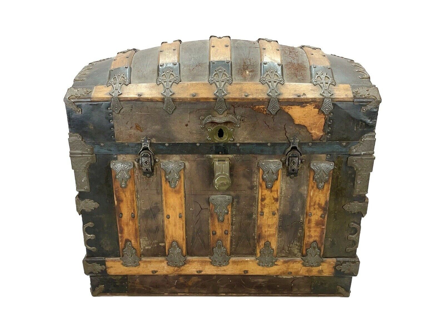 A 19th Century, Dome Topped, Iron Bound Steamer Trunk / Chest With Original Interior