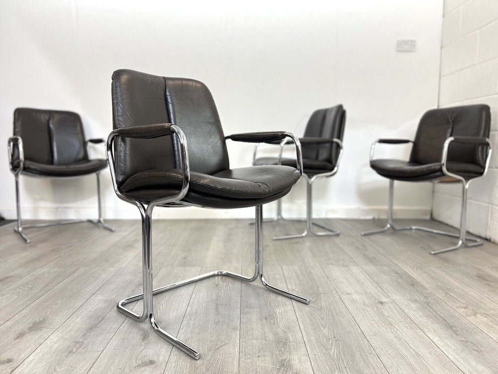 Pieff Eleganza, Set of 4 Chrome and Brown Leather Dining Chairs Hus
