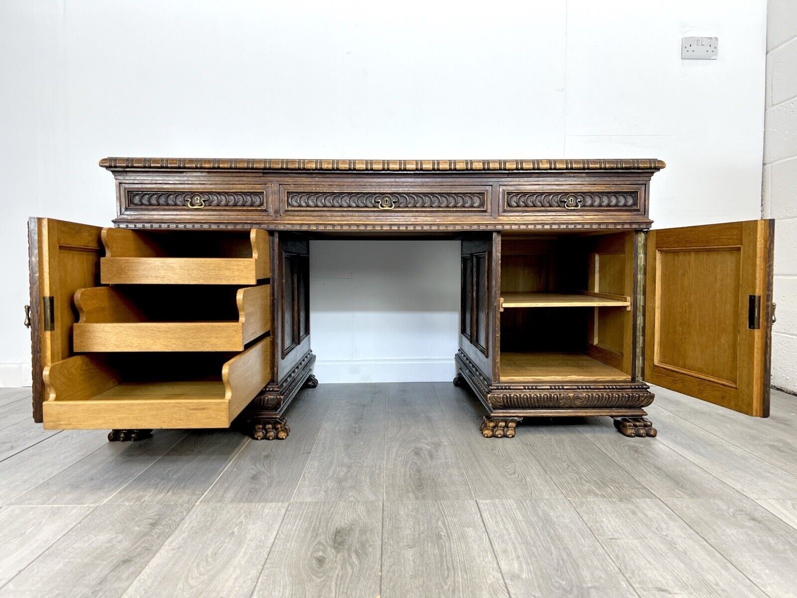 19th Century, Carved Oak Double Pedestal Desk