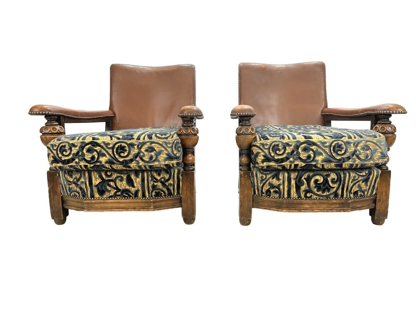 Pair Of Oak And Leather Club / Bergère Chairs
