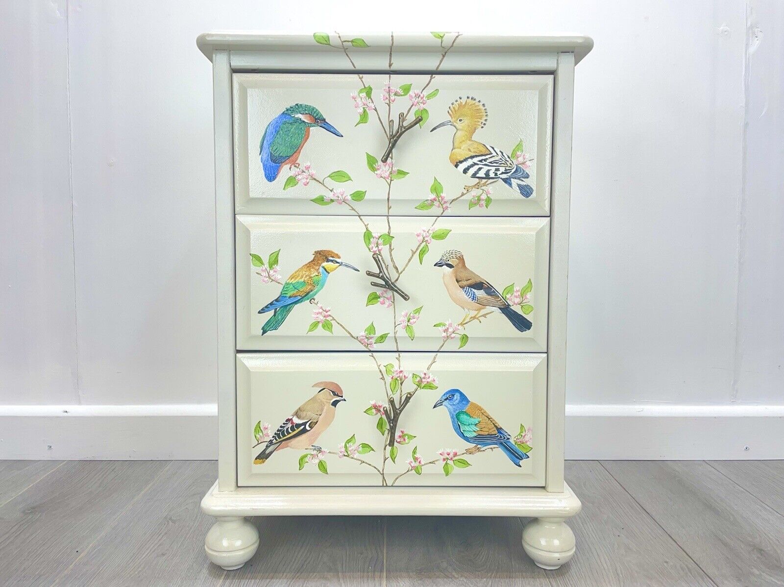 A Hand Painter Bedside Chest of Drawers with British Birds, By Aileen Carash