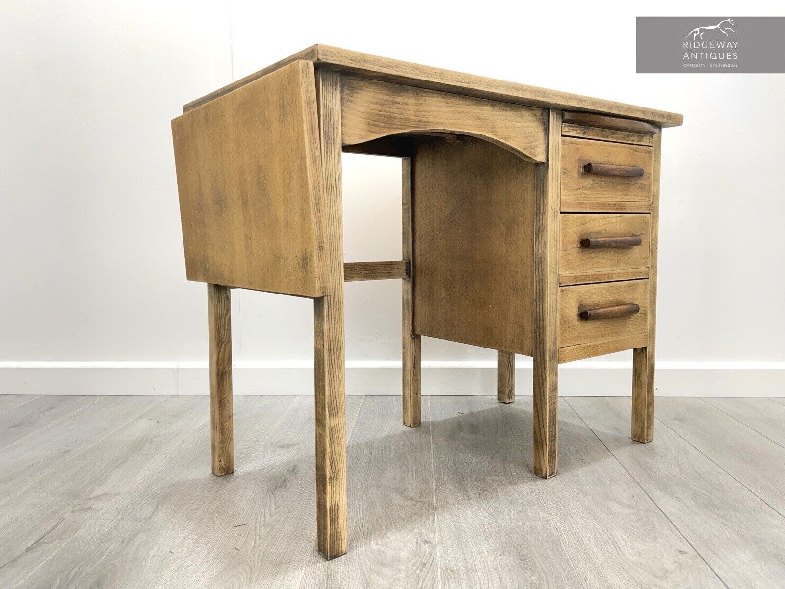 Vintage / Mid Century, Stripped Oak Drop Leaf Office Desk