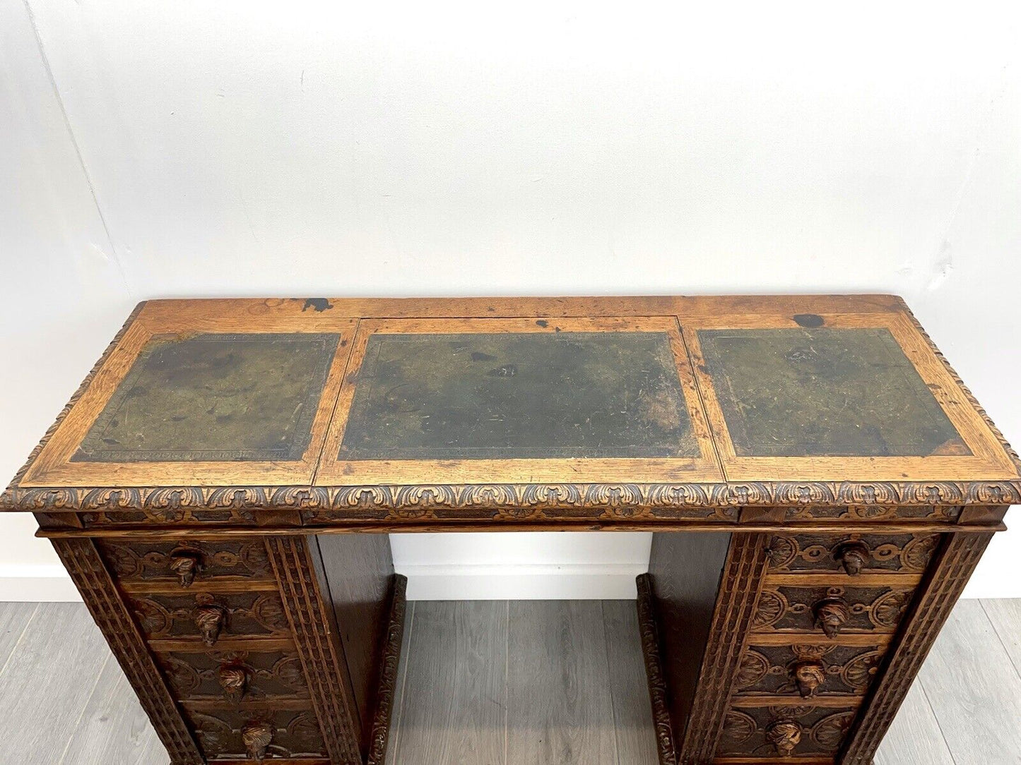 19th Century, Carved Flemish Style Double Pedestal Writing Desk