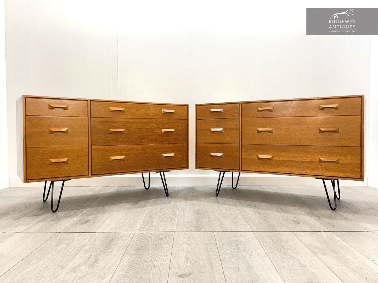 Pair of Stag Concord, 6 Drawer Oak Chest of Drawers Upon Hairpin Legs