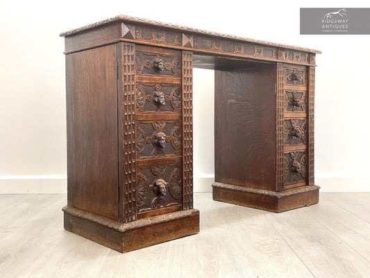 19th Century, Carved Flemish Style Double Pedestal Writing Desk