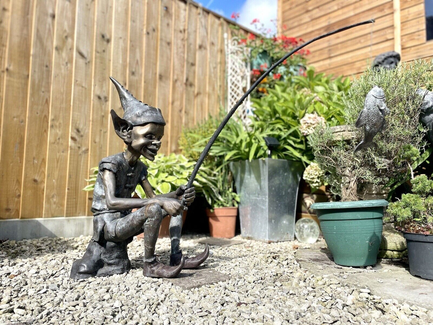 Bronzed Garden Statue of a Fishing Pixie / Elf