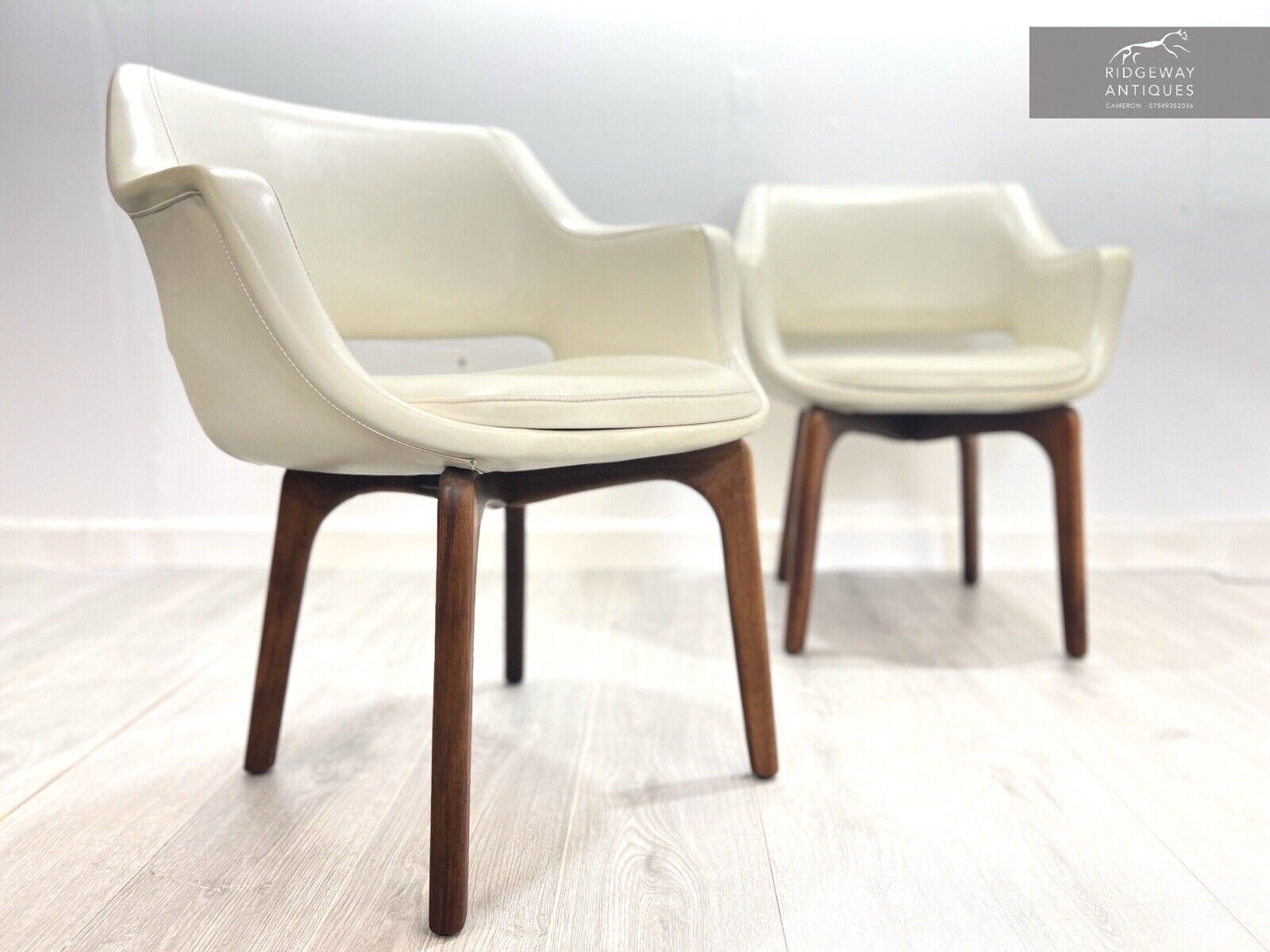 Pair of Danish De Luxe Kilta White Leather and Teak Dining Chairs