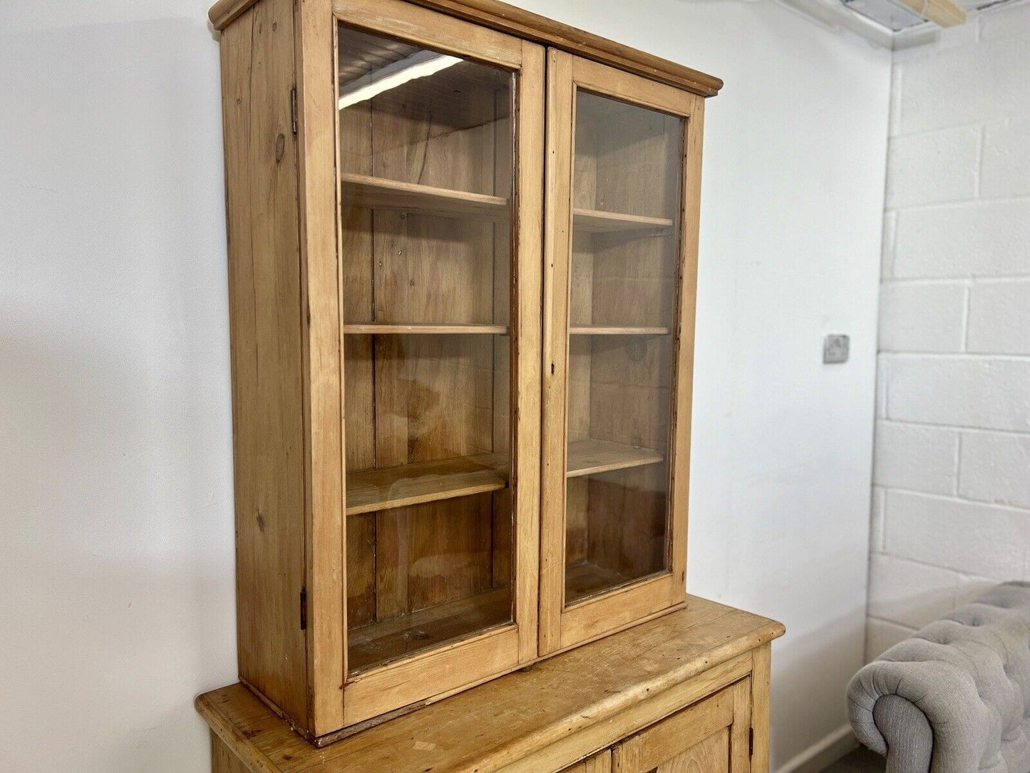 Waxed Pine, Glazed Display Cabinet and Cupboard
