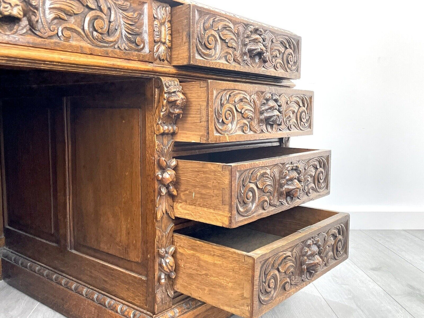 19th Century, Carved Oak, Flemish Style Lion Mask Pedestal Desk