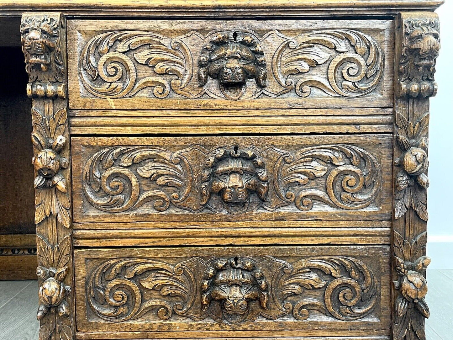 19th Century, Carved Oak, Flemish Style Lion Mask Pedestal Desk