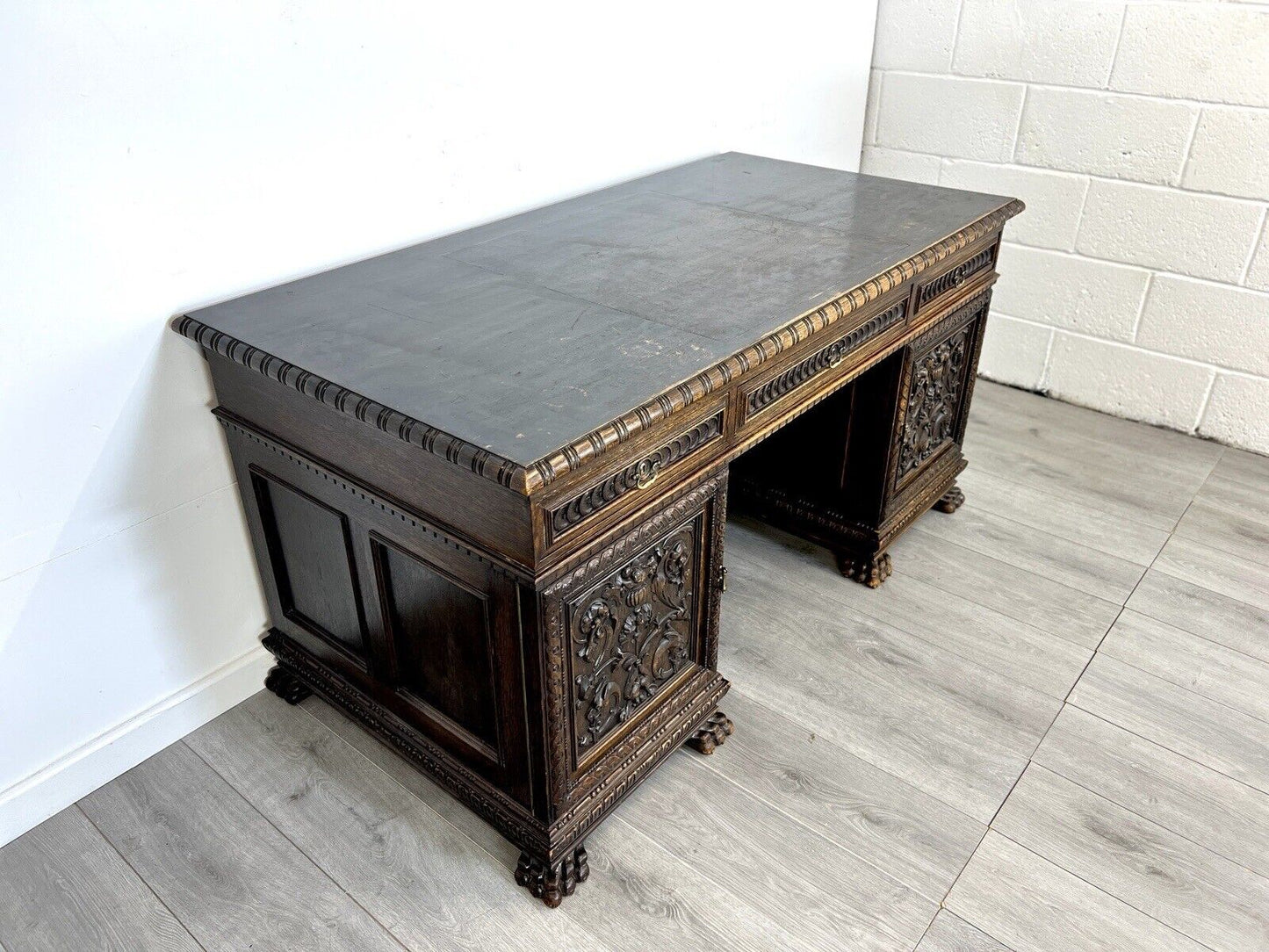 19th Century, Carved Oak Double Pedestal Desk